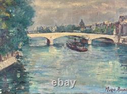 Beau Tableau ancien Paysage les quais de Seine Paris bateau Pont Royal M Améglio