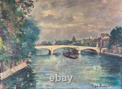 Beau Tableau ancien Paysage les quais de Seine Paris bateau Pont Royal M Améglio