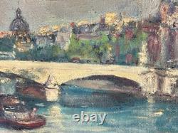 Beau Tableau ancien Paysage les quais de Seine Paris bateau Pont Royal M Améglio