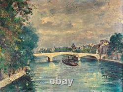 Beau Tableau ancien Paysage les quais de Seine Paris bateau Pont Royal M Améglio