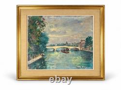 Beau Tableau ancien Paysage les quais de Seine Paris bateau Pont Royal M Améglio