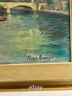 Beau Tableau ancien Paysage les quais de Seine Paris bateau Pont Royal M Améglio