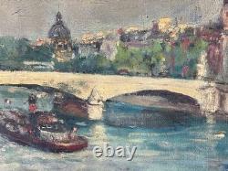 Beau Tableau ancien Paysage les quais de Seine Paris bateau Pont Royal M Améglio