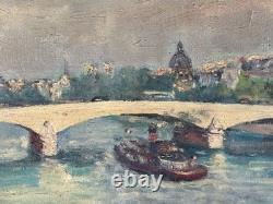 Beau Tableau ancien Paysage les quais de Seine Paris bateau Pont Royal M Améglio