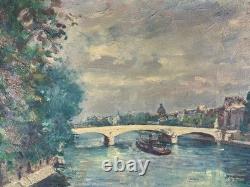 Beau Tableau ancien Paysage les quais de Seine Paris bateau Pont Royal M Améglio