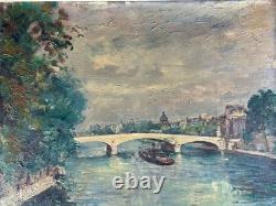Beau Tableau ancien Paysage les quais de Seine Paris bateau Pont Royal M Améglio