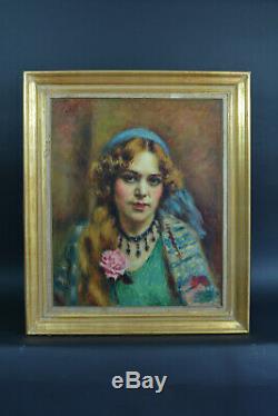 Beau Tableau ancien Portrait de jeune Femme Charles Guerin expo Japon 1914 hst