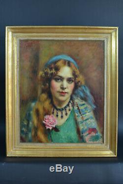 Beau Tableau ancien Portrait de jeune Femme Charles Guerin expo Japon 1914 hst