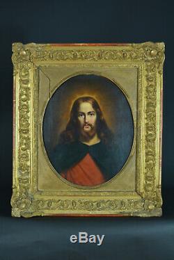 Beau Tableau ancien Romantique Religieux Portrait du Christ de Face signé 1848