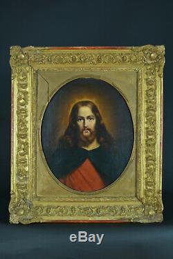 Beau Tableau ancien Romantique Religieux Portrait du Christ de Face signé 1848