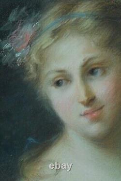 Beau Tableau ancien portrait femme Nymphe Apollon Rosalba Carriera pastel