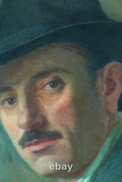 Beau Tableau ancien portrait homme chapeau Villeneuve-sur-lot G Barlangue Timbre