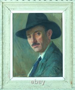 Beau Tableau ancien portrait homme chapeau Villeneuve-sur-lot G Barlangue Timbre