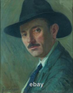Beau Tableau ancien portrait homme chapeau Villeneuve-sur-lot G Barlangue Timbre