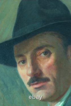 Beau Tableau ancien portrait homme chapeau Villeneuve-sur-lot G Barlangue Timbre
