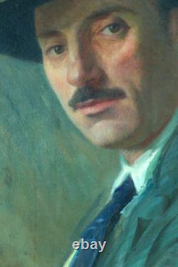 Beau Tableau ancien portrait homme chapeau Villeneuve-sur-lot G Barlangue Timbre