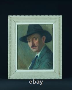 Beau Tableau ancien portrait homme chapeau Villeneuve-sur-lot G Barlangue Timbre