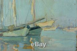 Beau tableau Ancien Vue de Bordeaux Renée Seilhean Bateaux au port Marine 1921