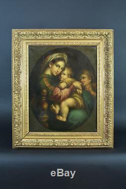 Beau tableau Religieux ancien RAPHAEL Vierge à l'enfant st Jean Baptiste hst