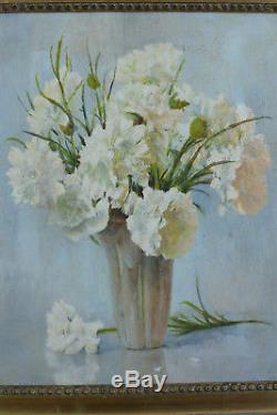 Beau tableau ancien Bouquet de fleurs Oeillets Blanc vase art nouveau nature XXé