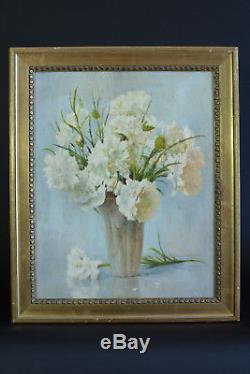 Beau tableau ancien Bouquet de fleurs Oeillets Blanc vase art nouveau nature XXé