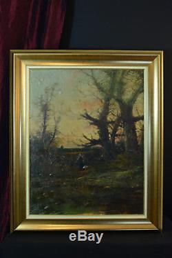 Beau tableau ancien Forêt Barbizon Paysage Crépuscule Fagottière sv Magnus 19e