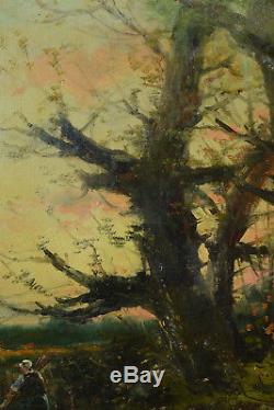 Beau tableau ancien Forêt Barbizon Paysage Crépuscule Fagottière sv Magnus 19e