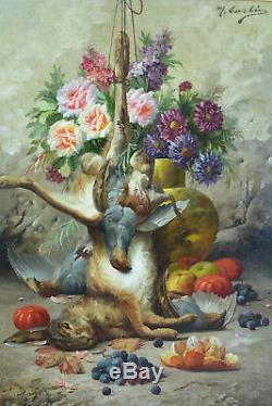 Beau tableau ancien Max Carlier Nature Morte Fleurs Fruits Gibier 19e Still life