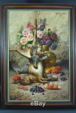 Beau tableau ancien Max Carlier Nature Morte Fleurs Fruits Gibier 19e Still life