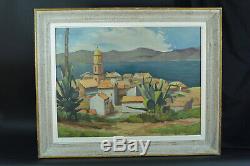 Beau tableau ancien Paysage Vue de Saint Tropez 1920 art deco Hst encadré 15 P
