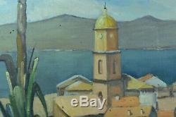 Beau tableau ancien Paysage Vue de Saint Tropez 1920 art deco Hst encadré 15 P
