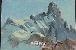 Beau tableau ancien Paysage des Alpes Neige Sommet Hiver Montagne sv Contencin