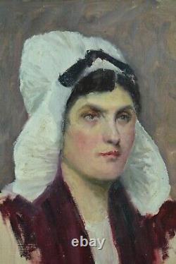 Beau tableau ancien Portrait Femme coiffe Costume Normandie N°3 atelier 1890
