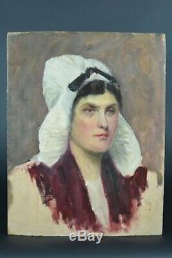 Beau tableau ancien Portrait Femme coiffe Costume Normandie N°3 atelier 1890