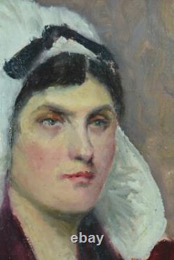 Beau tableau ancien Portrait Femme coiffe Costume Normandie N°3 atelier 1890