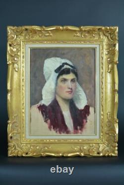 Beau tableau ancien Portrait Femme coiffe Costume Normandie N°3 atelier 1890