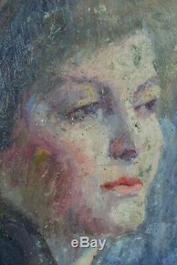 Beau tableau ancien Portrait de Femme fond bleu N°4 atelier art nouveau 1900