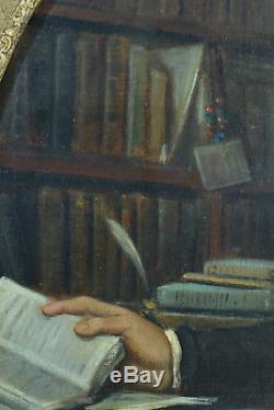 Beau tableau ancien Portrait de Jeune homme dans sa bibliothèque écrivain 19 ème