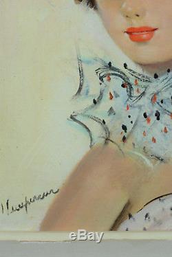 Beau tableau ancien Portrait jeune femme Rousse Foulard Lempereur1950 Parisienne