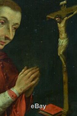 Beau tableau ancien Religieux 17ème Portrait de saint Charles de Borromée Cuivre