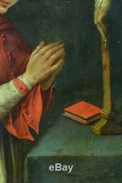 Beau tableau ancien Religieux 17ème Portrait de saint Charles de Borromée Cuivre