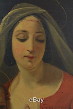 Beau tableau ancien Religieux Portrait Maternité Vierge Allaitant Romantisme Hst