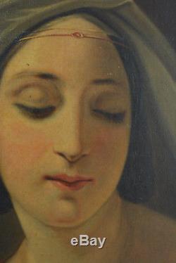 Beau tableau ancien Religieux Portrait Maternité Vierge Allaitant Romantisme Hst