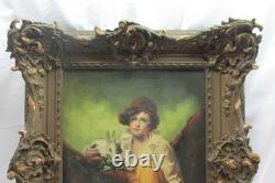 Beau tableau ancien huile de 1880 garçon et lapin d'après Sir Henry Raeburn
