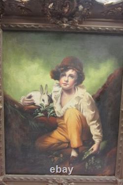 Beau tableau ancien huile de 1880 garçon et lapin d'après Sir Henry Raeburn