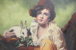 Beau tableau ancien huile de 1880 garçon et lapin d'après Sir Henry Raeburn
