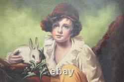 Beau tableau ancien huile de 1880 garçon et lapin d'après Sir Henry Raeburn