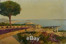Beau tableau ancien paysage bord de mer vue de Cannes signé Emilio Bellantonio