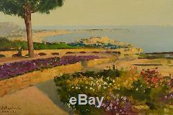 Beau tableau ancien paysage bord de mer vue de Cannes signé Emilio Bellantonio