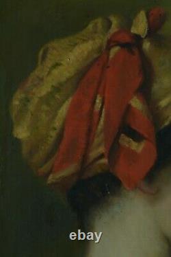 Beau tableau ancien portrait jeune fille au foulard rouge signé 19e HST cadre